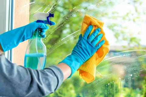A cleaner is cleaning the glass with a spray and a cloth.